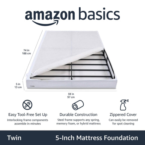 Amazon Basics Sturdy Box Spring Base interlocking design demonstrates tool-free assembly in minutes.