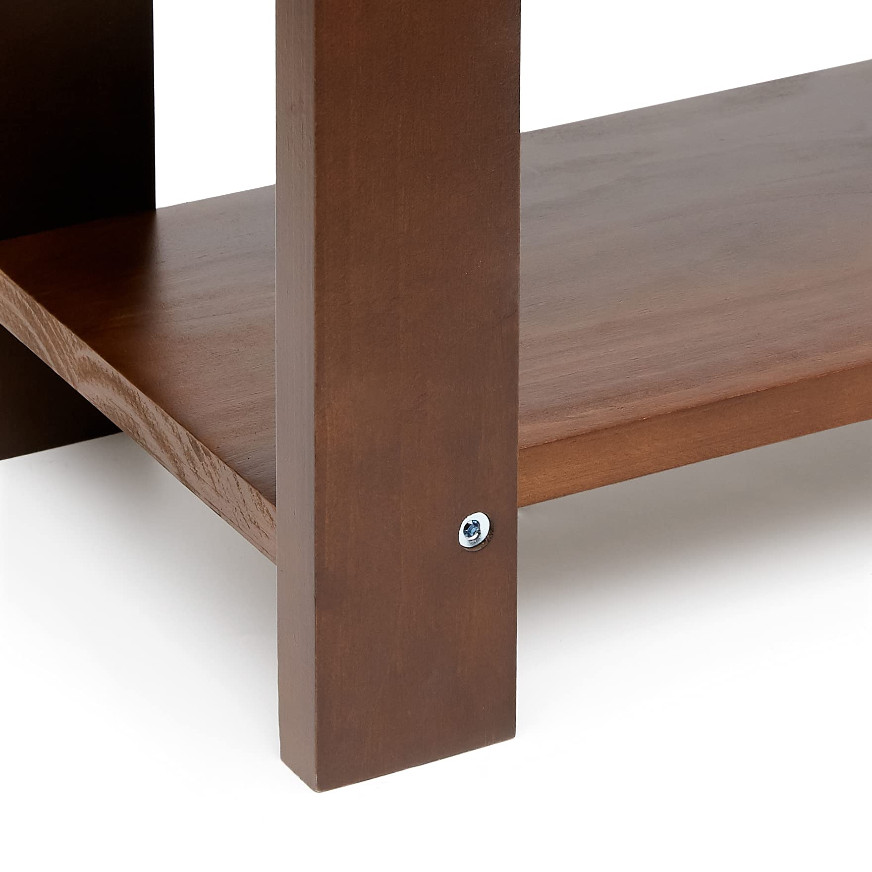 Amazon Basics pine bench espresso in use as seating and shoe organization