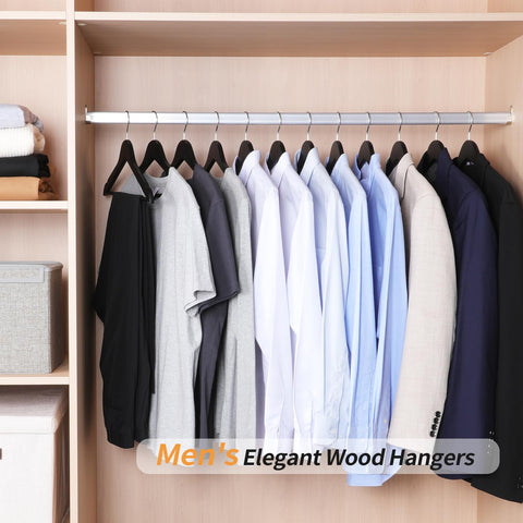 Amazon Basics wood hangers keep coats and suits neatly aligned.