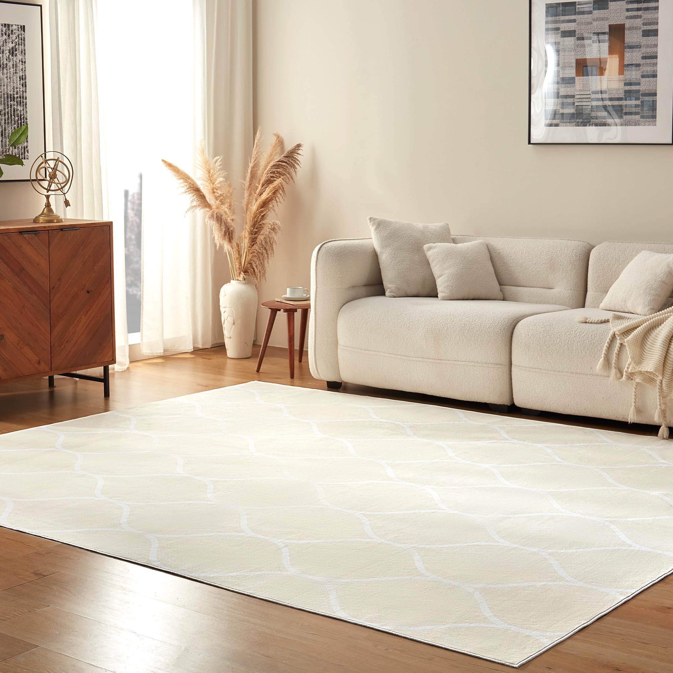 Amazon Basics geometric beige pattern rug adds modern flair and soft underfoot comfort for living rooms