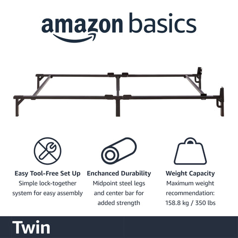 Amazon Basics bed frame shows tool-free lock-together assembly for quick setup.