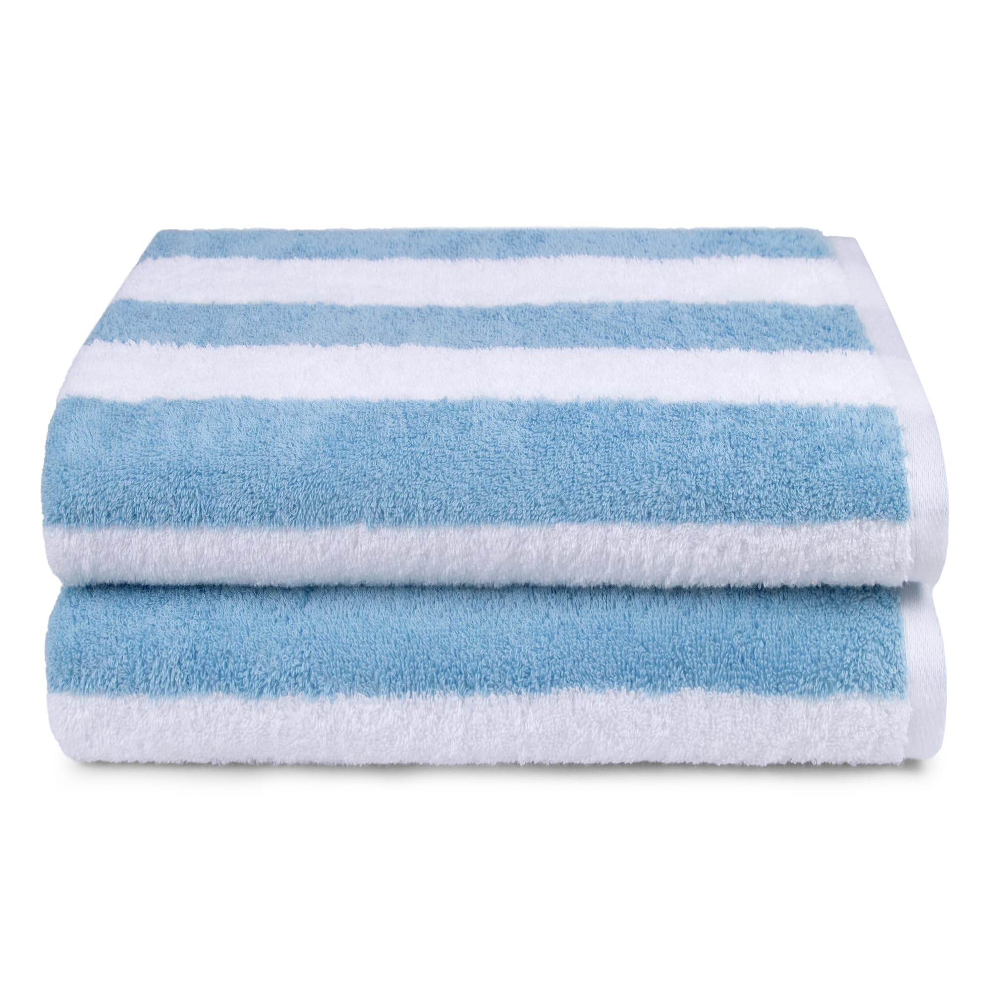 Amazon Basics towel stripe pattern cabana sky-blue, great for poolside lounging.