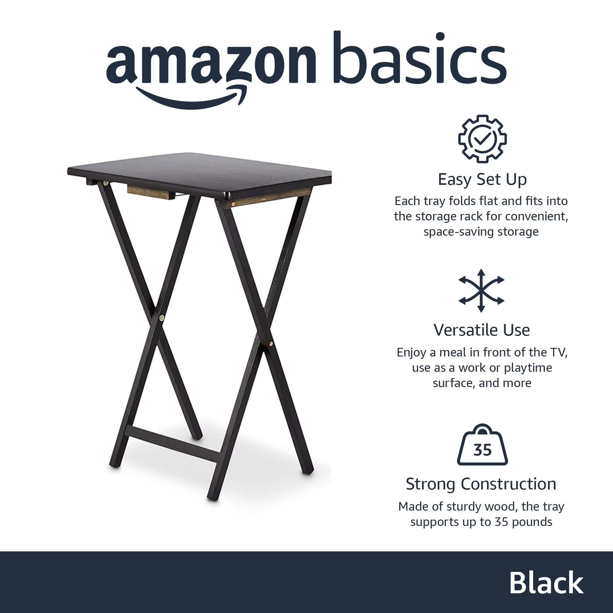 Amazon Basics TV tray with storage rack keeps four trays neatly organized.