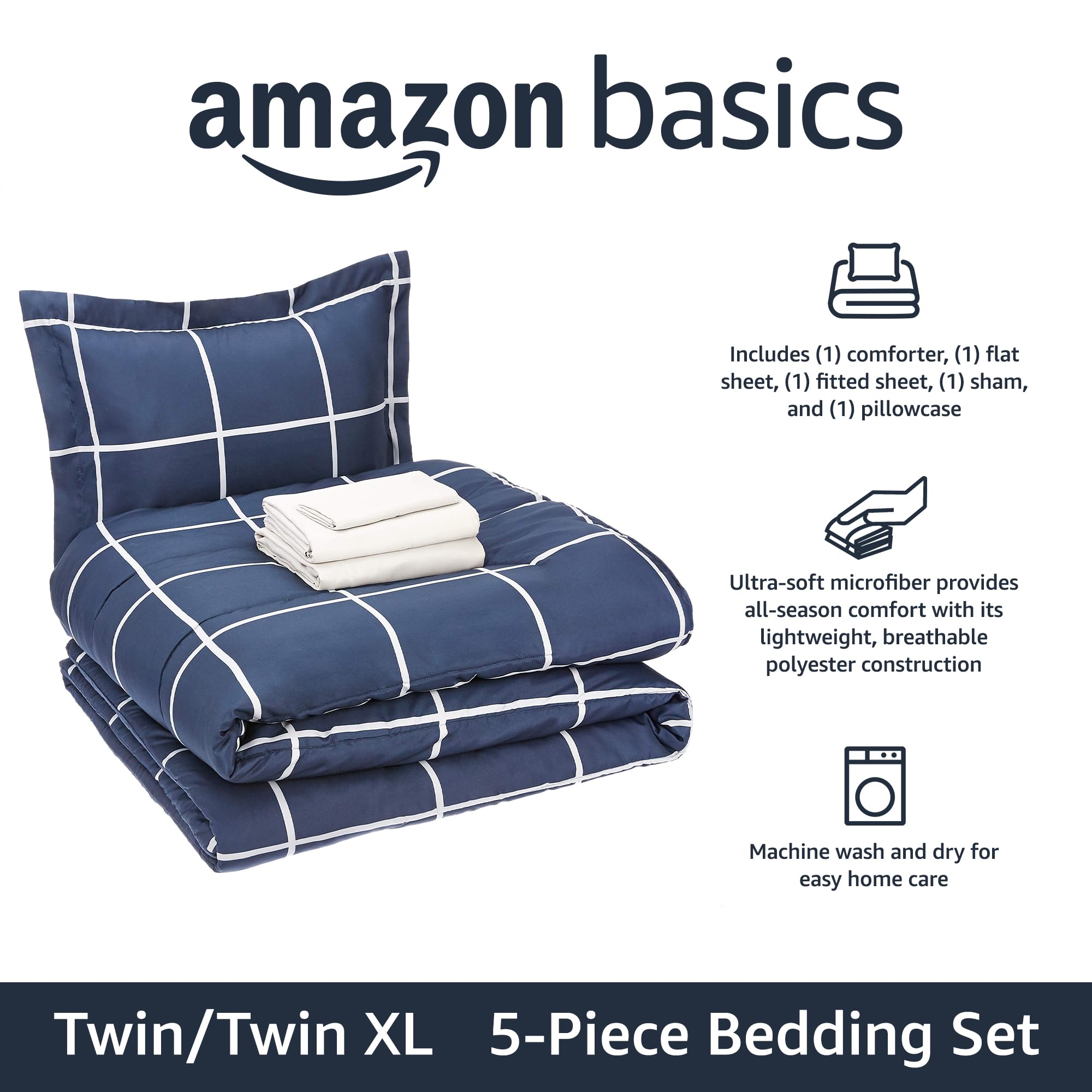 Close-up of Amazon Basics navy-grey plaid twin comforter showing soft texture and color.