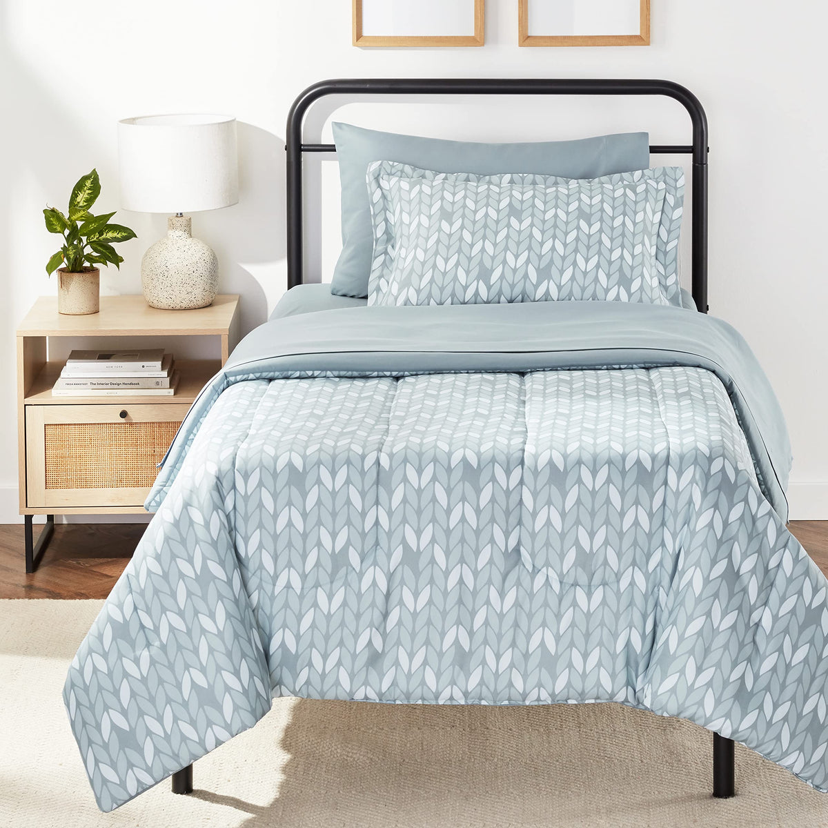 Amazon Basics twin-xl comforter with gray leaf print for cozy bedding