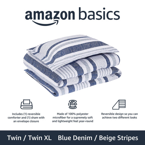 Amazon Basics Twin XL comforter reversible blue denim closeup for versatile styling