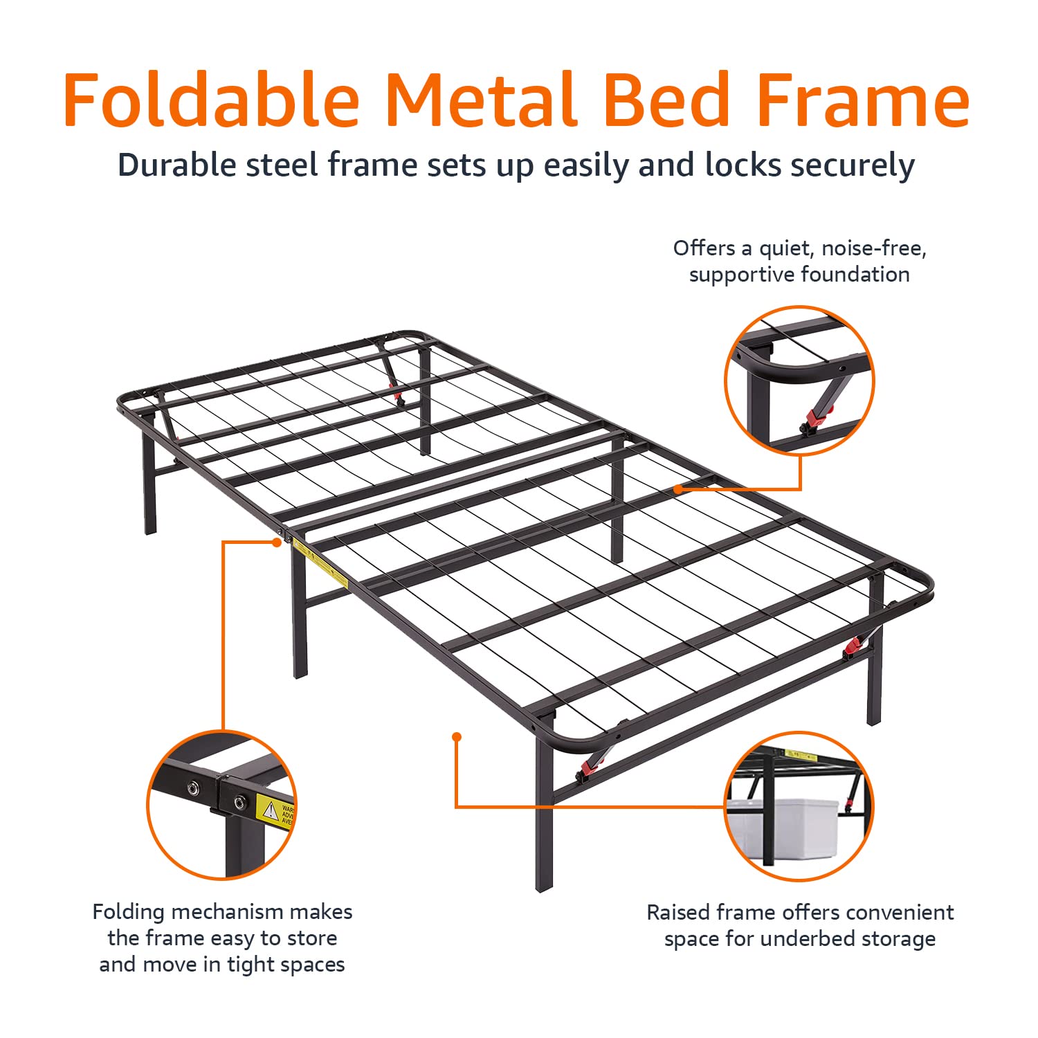 Amazon Basics twin-xl steel frame close-up shows durable construction