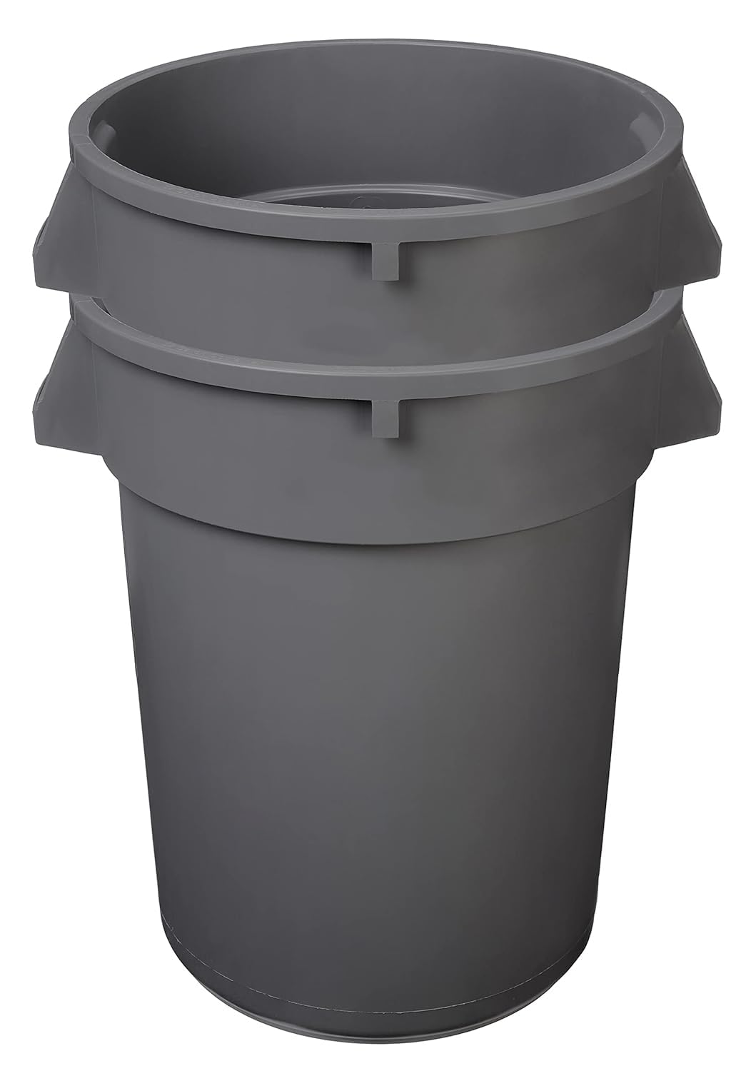 Amazon Basics two-pack round trash can 32-gallon grey, ideal for offices.