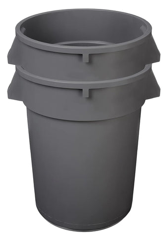 Amazon Basics two-pack round trash can 32-gallon grey, ideal for offices.