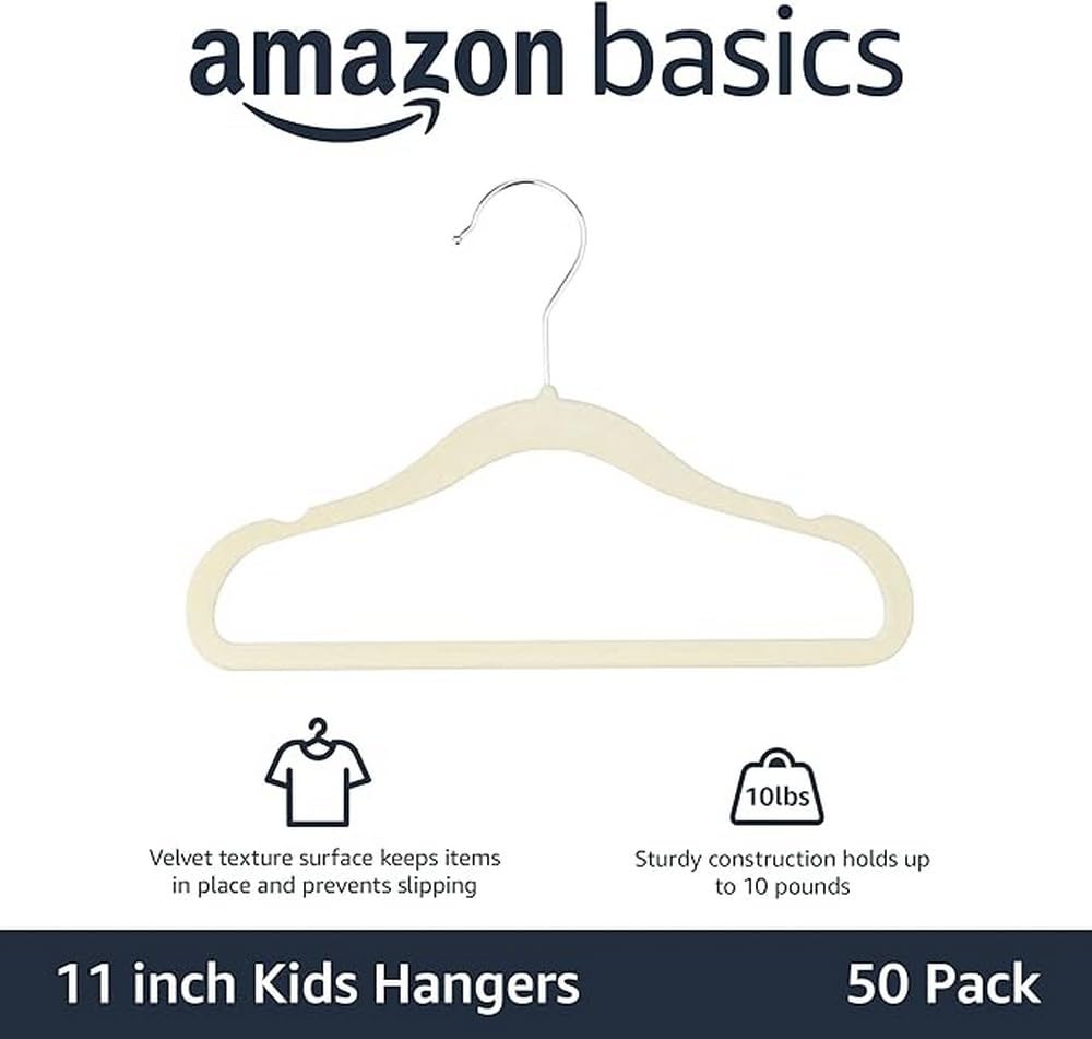 Amazon Basics ultra-slim hangers maximize closet space for infant and toddler wear.