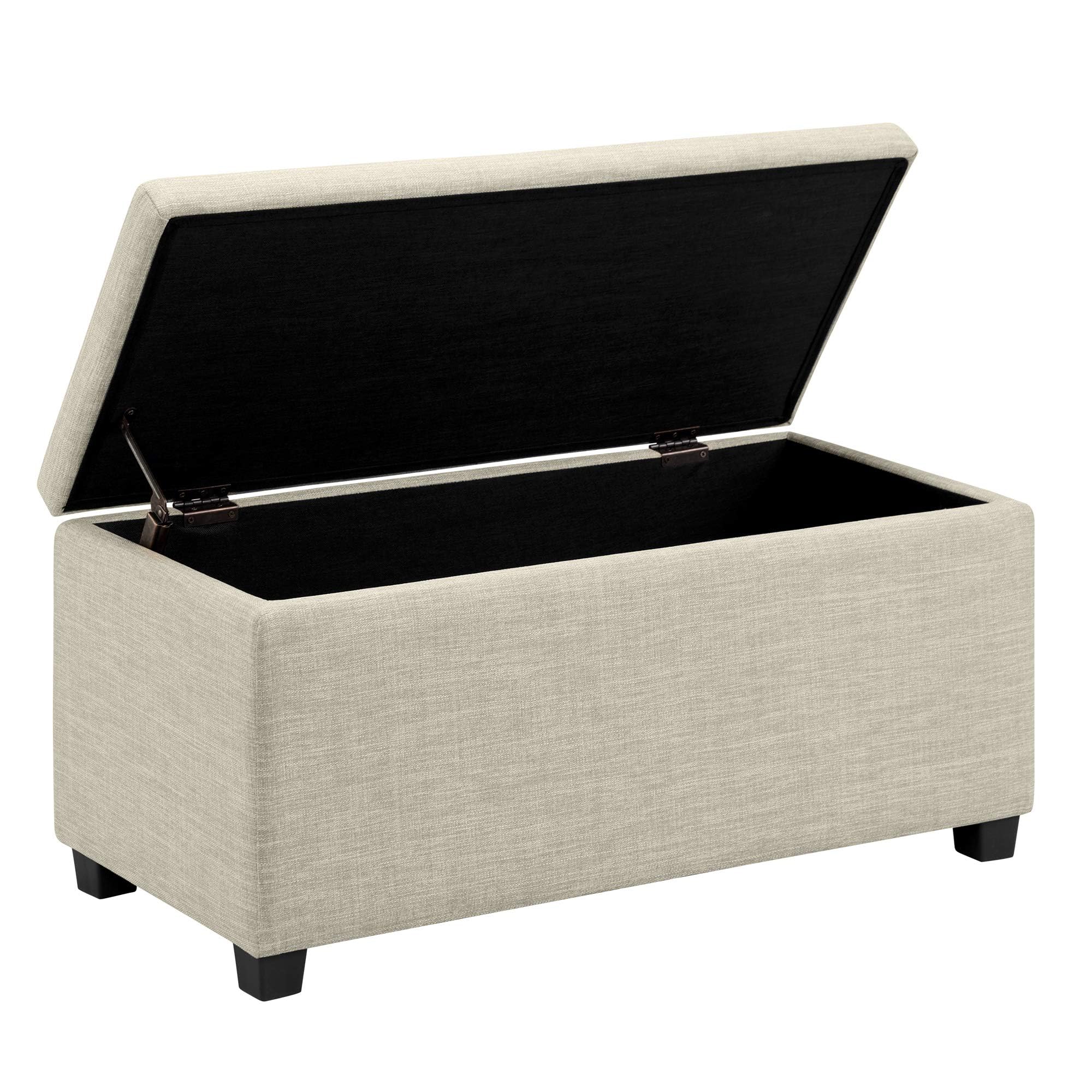 Amazon Basics beige upholstered storage ottoman front view, ideal for extra seating and storage.