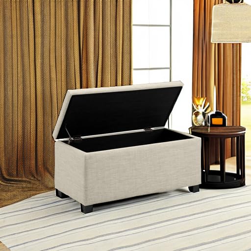 Beige Amazon Basics ottoman in bedroom or living room, stylish seating with storage.