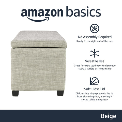 Amazon Basics beige ottoman lid open reveals hidden storage and soft-close safety hinge.
