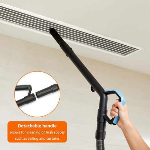 Amazon Basics upright vacuum highlighting the 1.7L dust cup for fewer emptying interruptions.