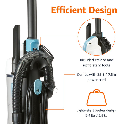 Amazon Basics upright vacuum with a 25ft cord for uninterrupted cleaning sessions.