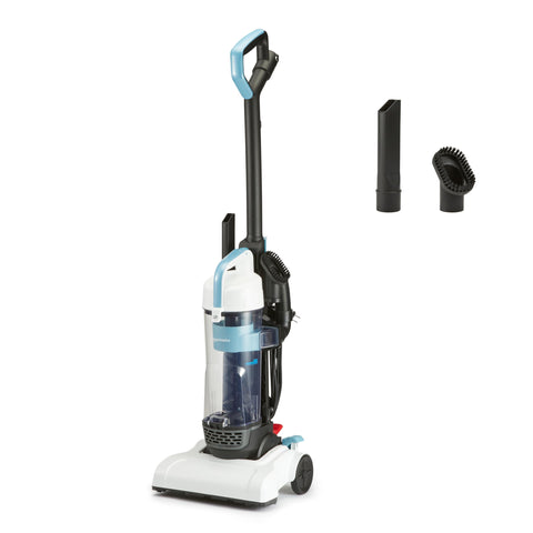Amazon Basics upright vacuum showing lightweight maneuverability for easy cleaning around furniture.