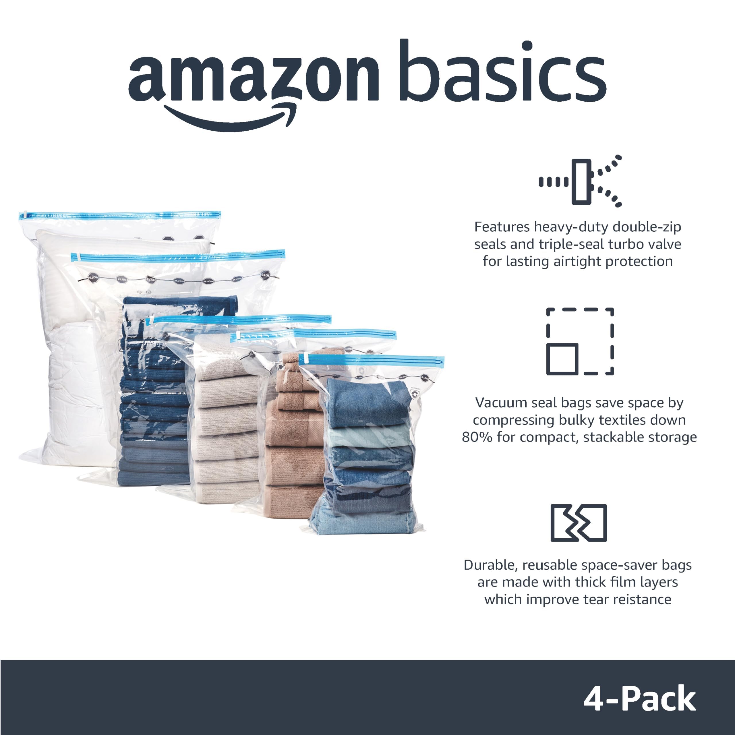 Amazon Basics vacuum storage bags with hand pump for easy air removal.