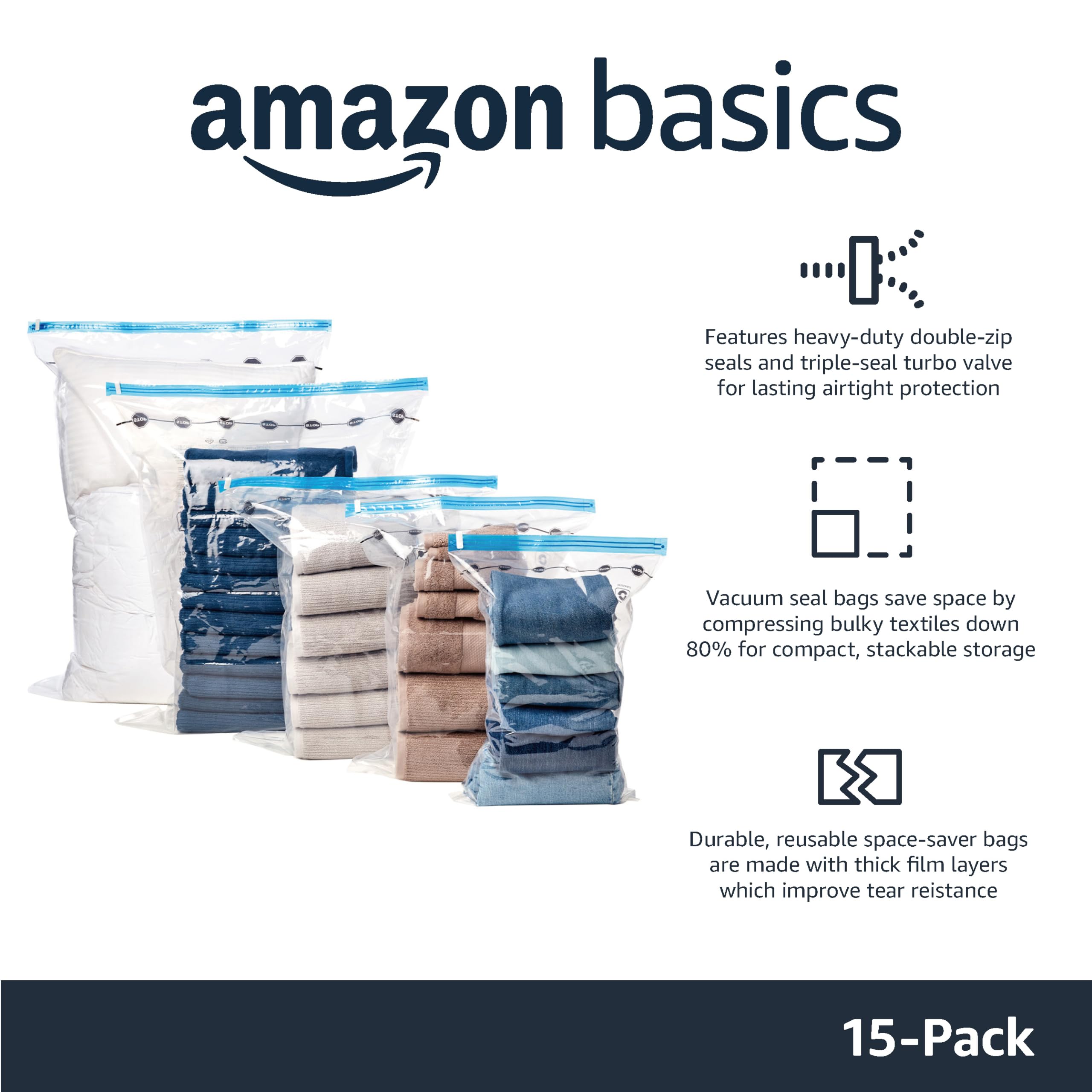 Amazon Basics vacuum storage bags jumbo 40x30 compress bulky textiles efficiently and neatly.