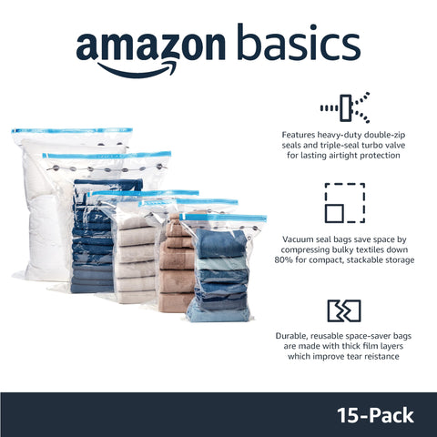 Amazon Basics vacuum storage bags jumbo 40x30 compress bulky textiles efficiently and neatly.