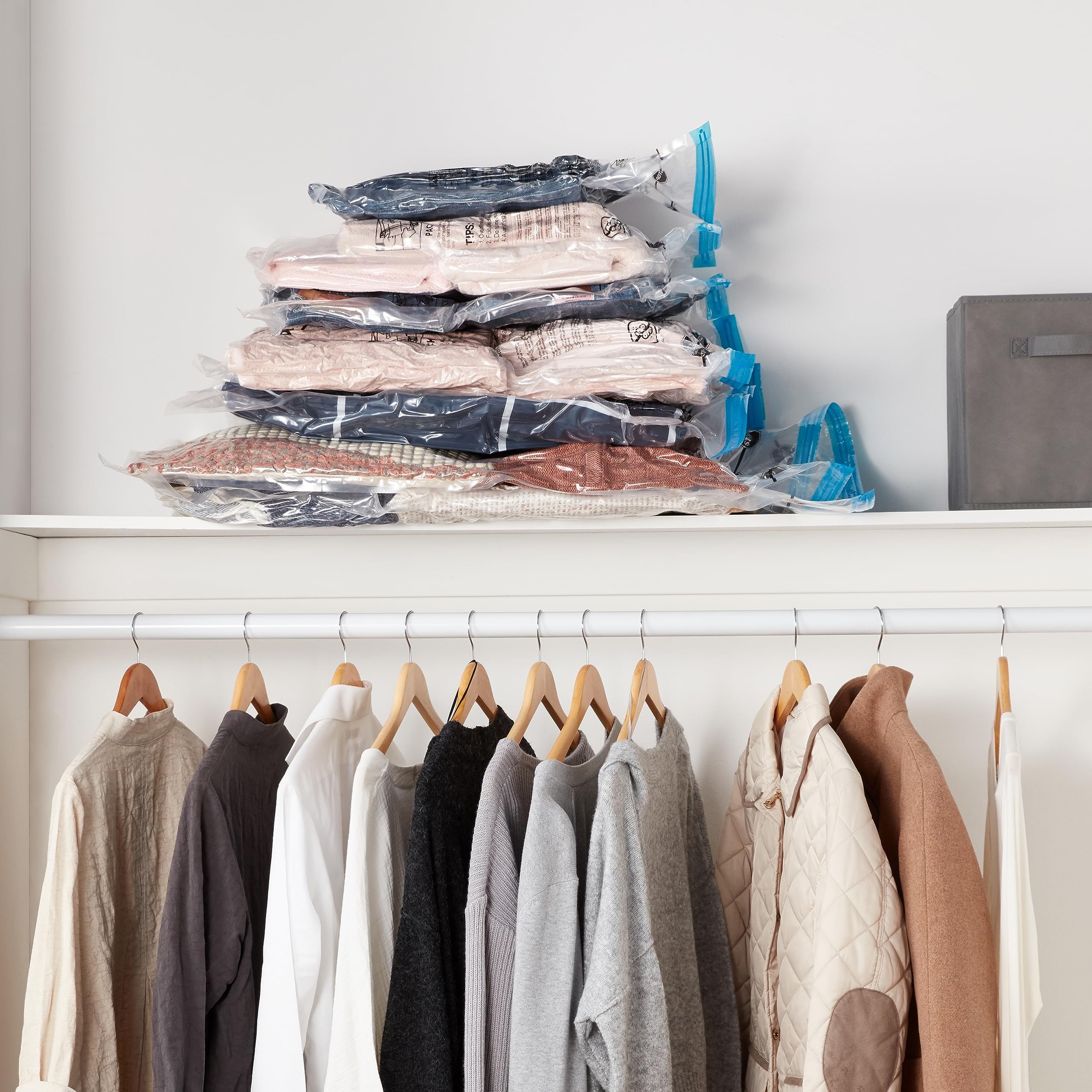 Amazon Basics vacuum storage bags medium 28x20 ideal for closets, drawers, and packing trips.