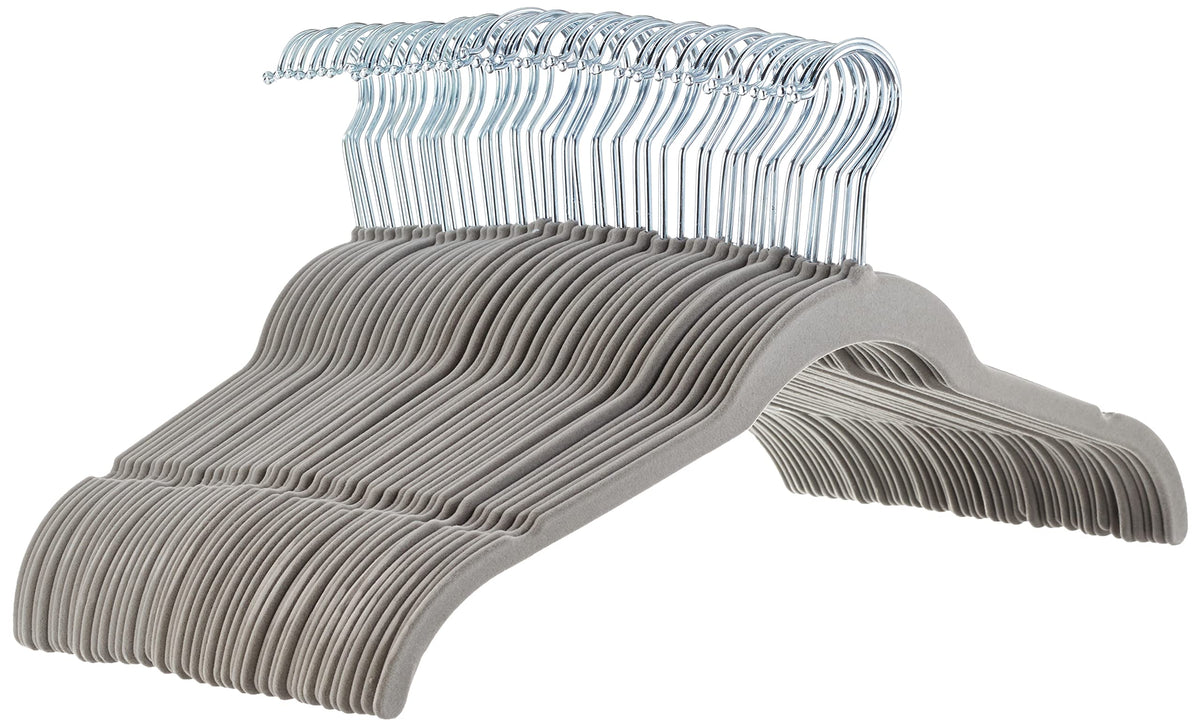 Amazon Basics velvet non-slip hanger in gray holds garments securely.