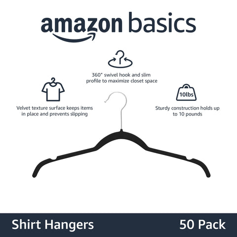 Amazon Basics velvet hangers with slim-profile design keep shirts neatly aligned.
