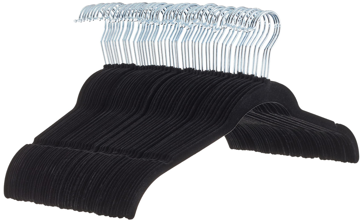 Amazon Basics velvet hangers with space-saving design help maximize closet space.
