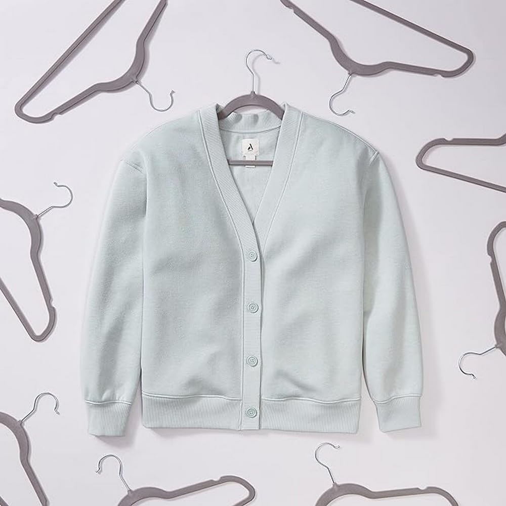 Amazon Basics velvet non-slip hangers prevent shifting and protect garment shoulders.