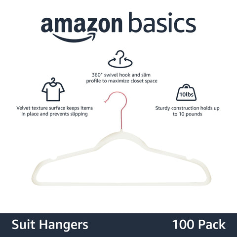 Close-up of Amazon Basics velvet non-slip hangers showing velvet grip that prevents slipping.
