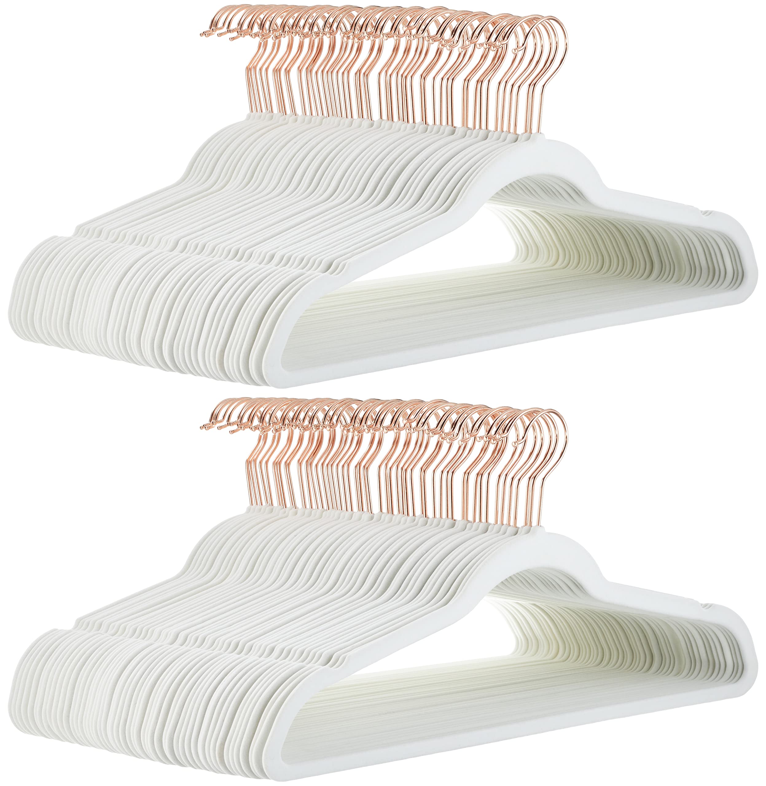 Amazon Basics velvet non-slip suit hangers in ivory and rose gold keep shirts neat and space-efficient.