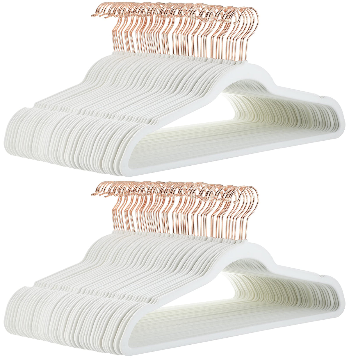 Amazon Basics velvet non-slip suit hangers in ivory and rose gold keep shirts neat and space-efficient.