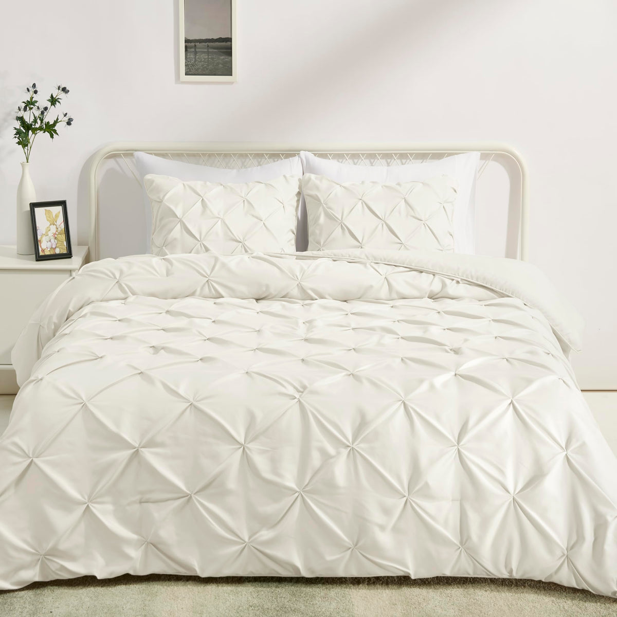 Amazon Basics warm down-alternative comforter on a full bed for cozy sleep.
