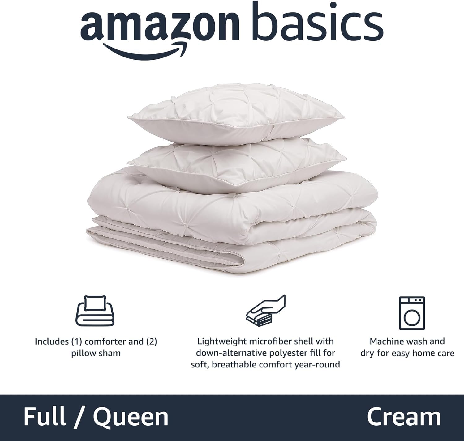 Close-up of pinch-pleat detail on Amazon Basics comforter highlighting elegant design.
