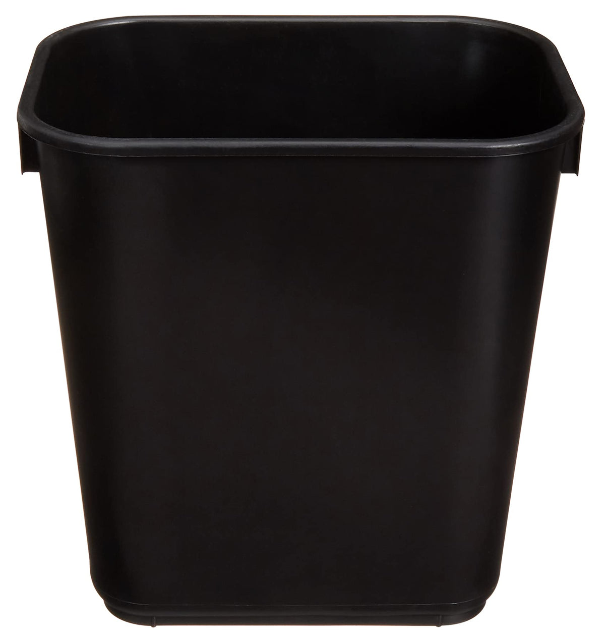 Amazon Basics 3-gallon black wastebasket front view showing compact size and smooth finish