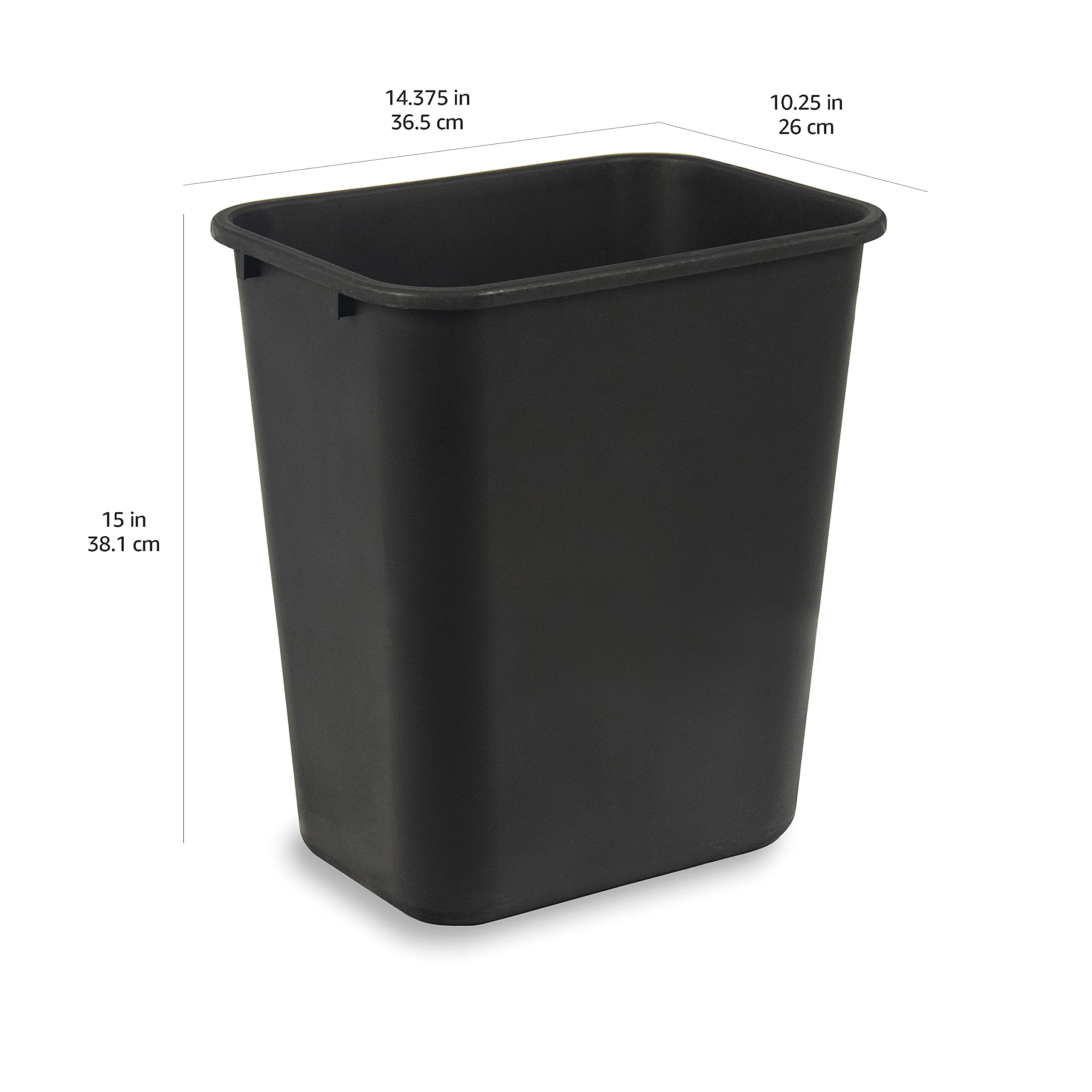 Amazon Basics wastebasket nestable design keeps storage compact.