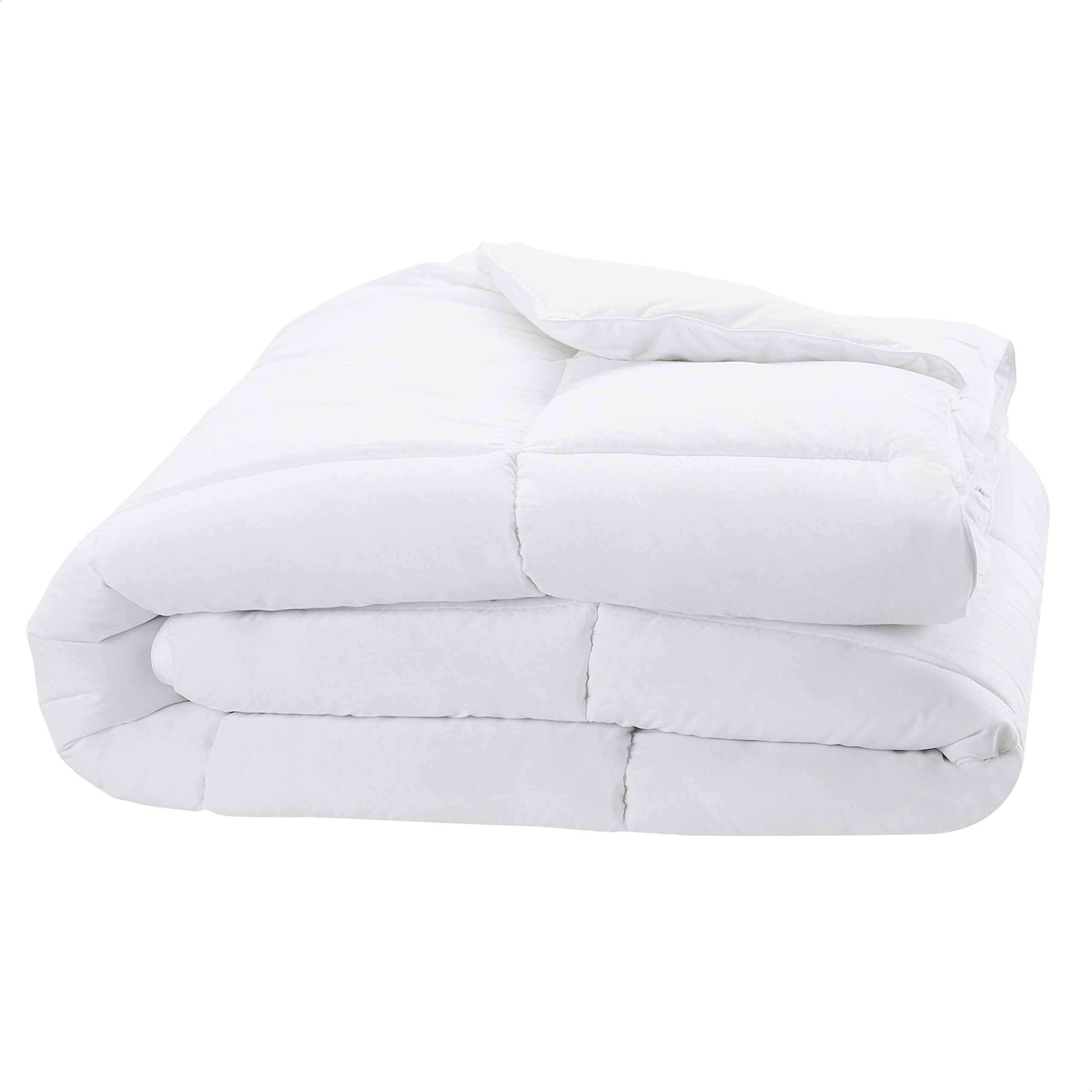Amazon Basics comforter insert on bed, full/queen size with corner tabs to secure duvet cover