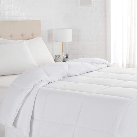 Amazon Basics white down-alternative comforter insert, front view, lightweight all-season warmth