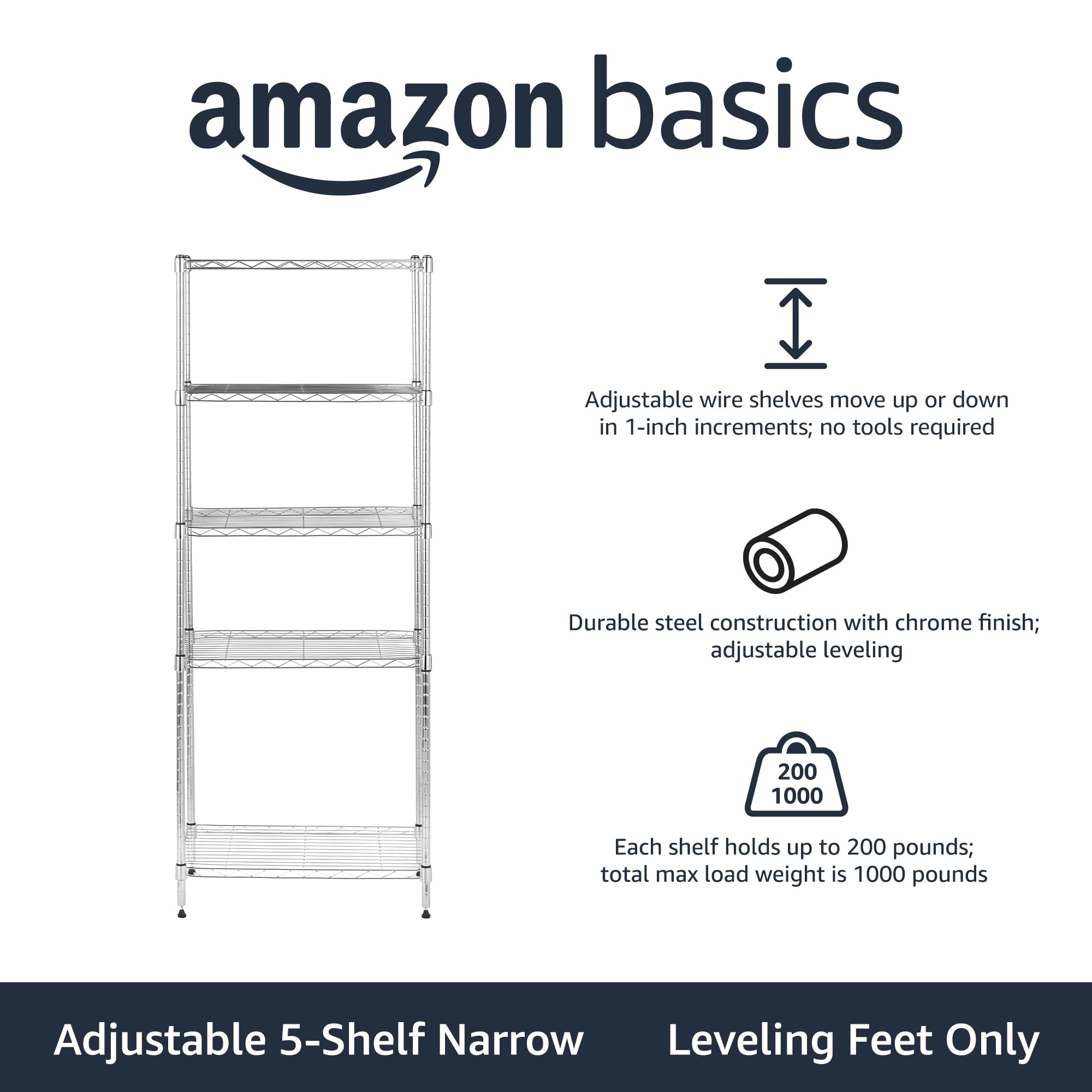 Amazon Basics chrome finish wire rack highlights durable construction for laundry supplies.