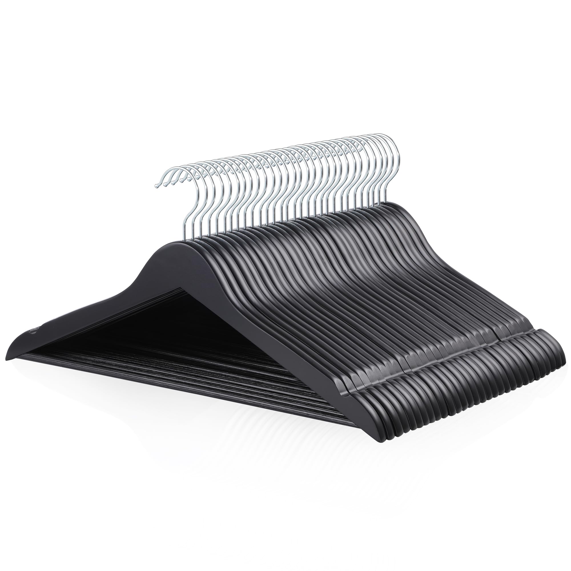 Amazon Basics wood suit hanger with black finish and sturdy front view for organized closets.
