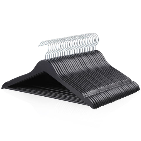 Amazon Basics wood suit hanger with black finish and sturdy front view for organized closets.
