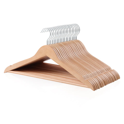 Amazon Basics wood suit hanger with natural finish supports suits neatly.