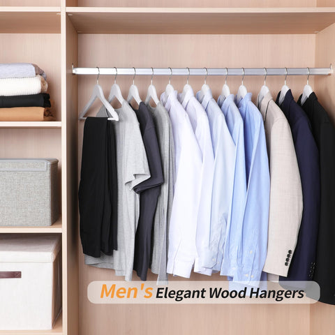 Amazon Basics wood hanger pack shown for closet organization and space efficiency.