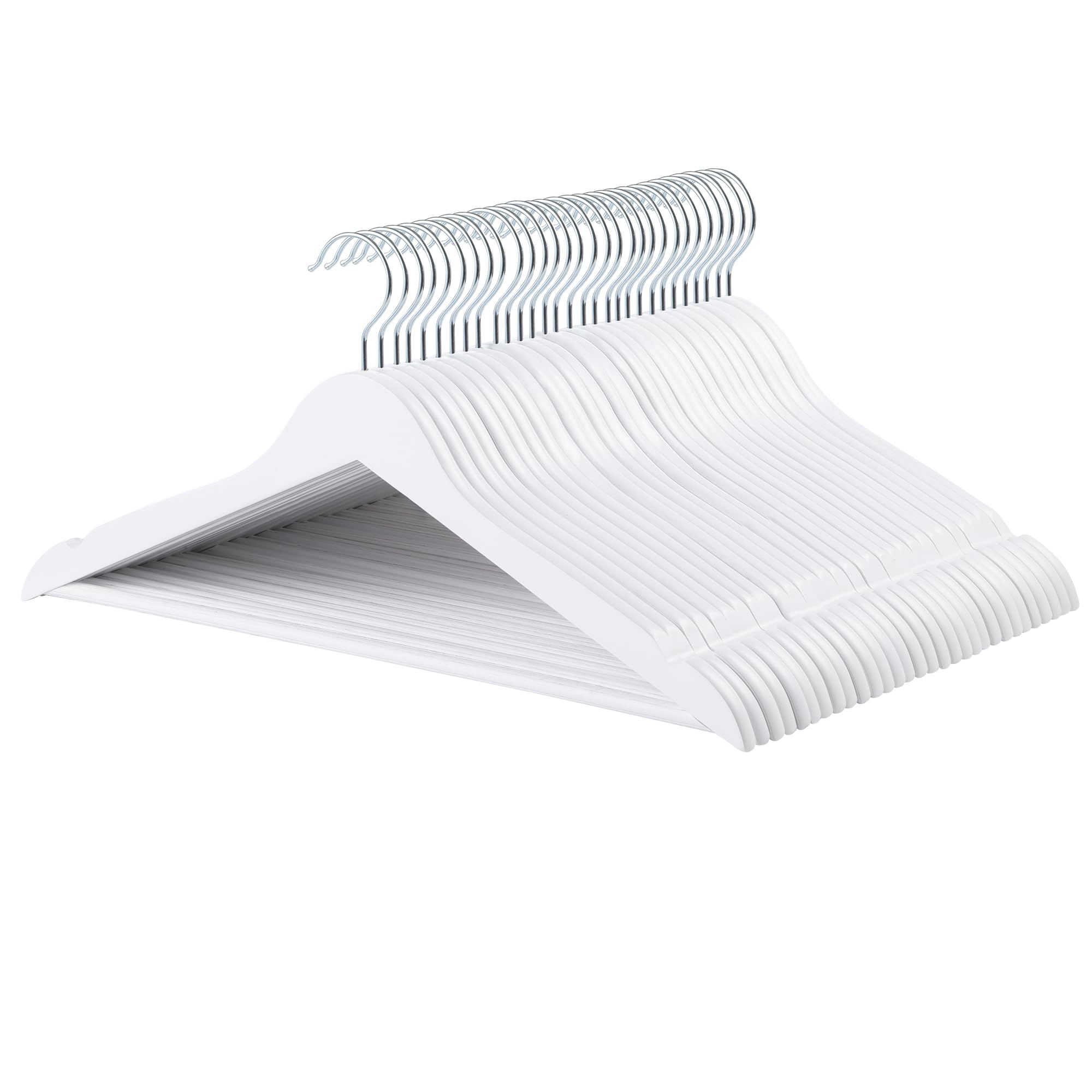 Amazon Basics wood suit hanger in white with 30-pack for neat closet organization.
