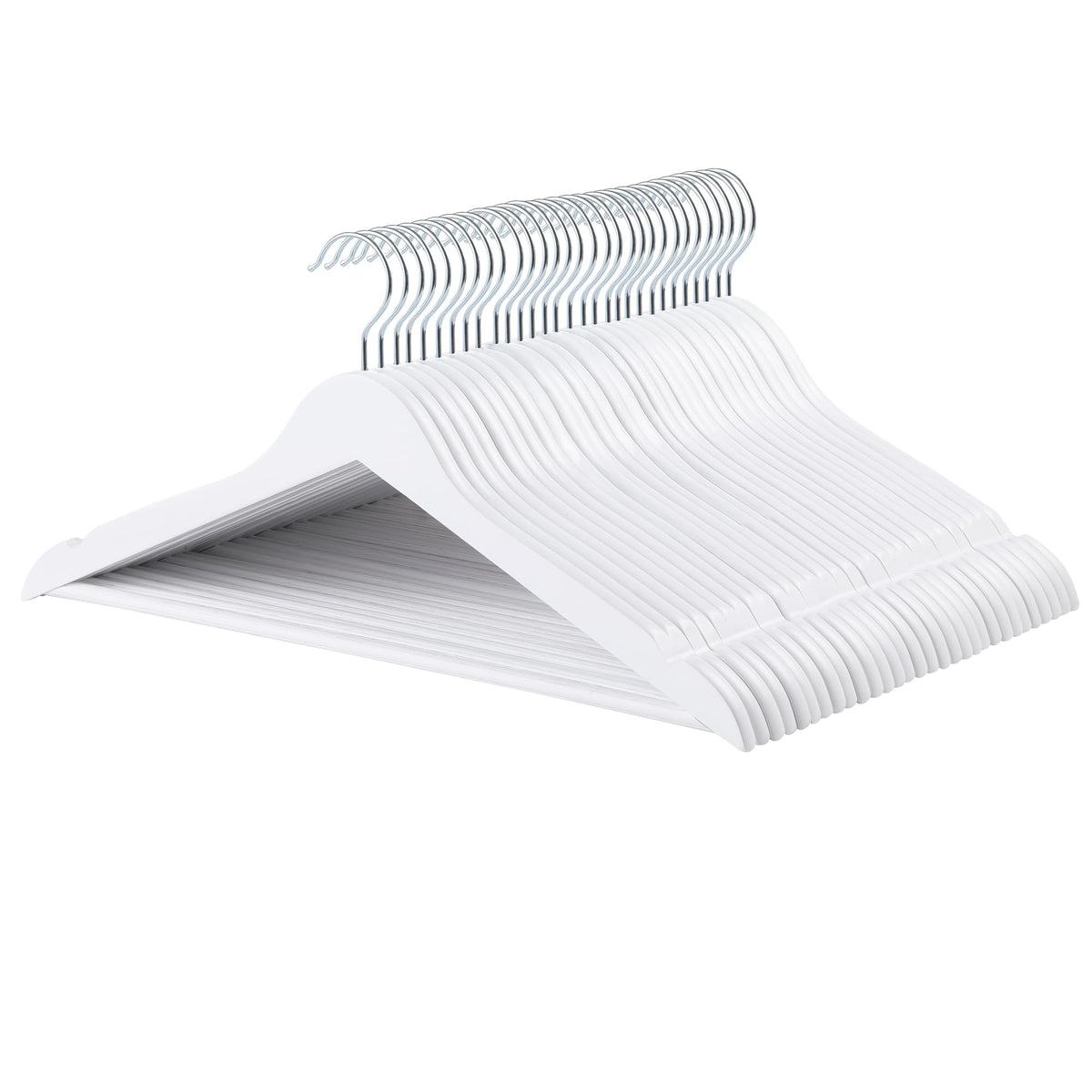 Amazon Basics wood suit hanger in white with 30-pack for neat closet organization.