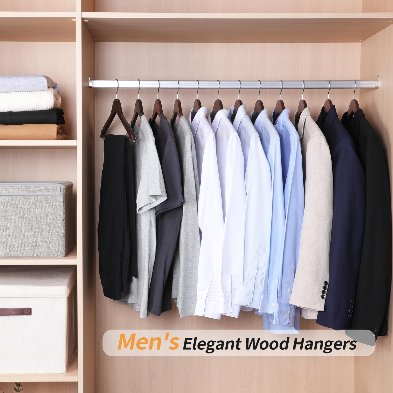 Closet scene with jackets on Amazon Basics cherry wood hangers.