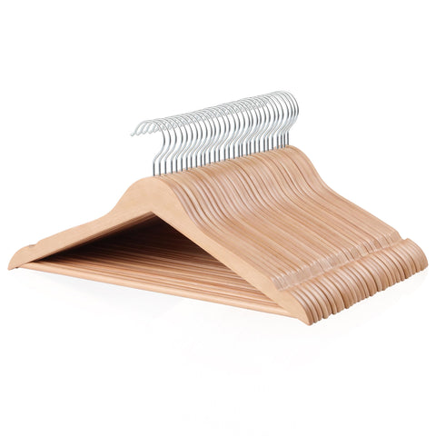 Amazon Basics wood suit hangers in natural finish support tailored jackets evenly.