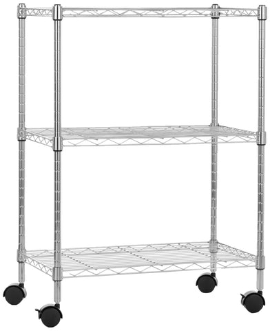Amazon Basics 3-shelf chrome wire rack shown in a garage for organized storage