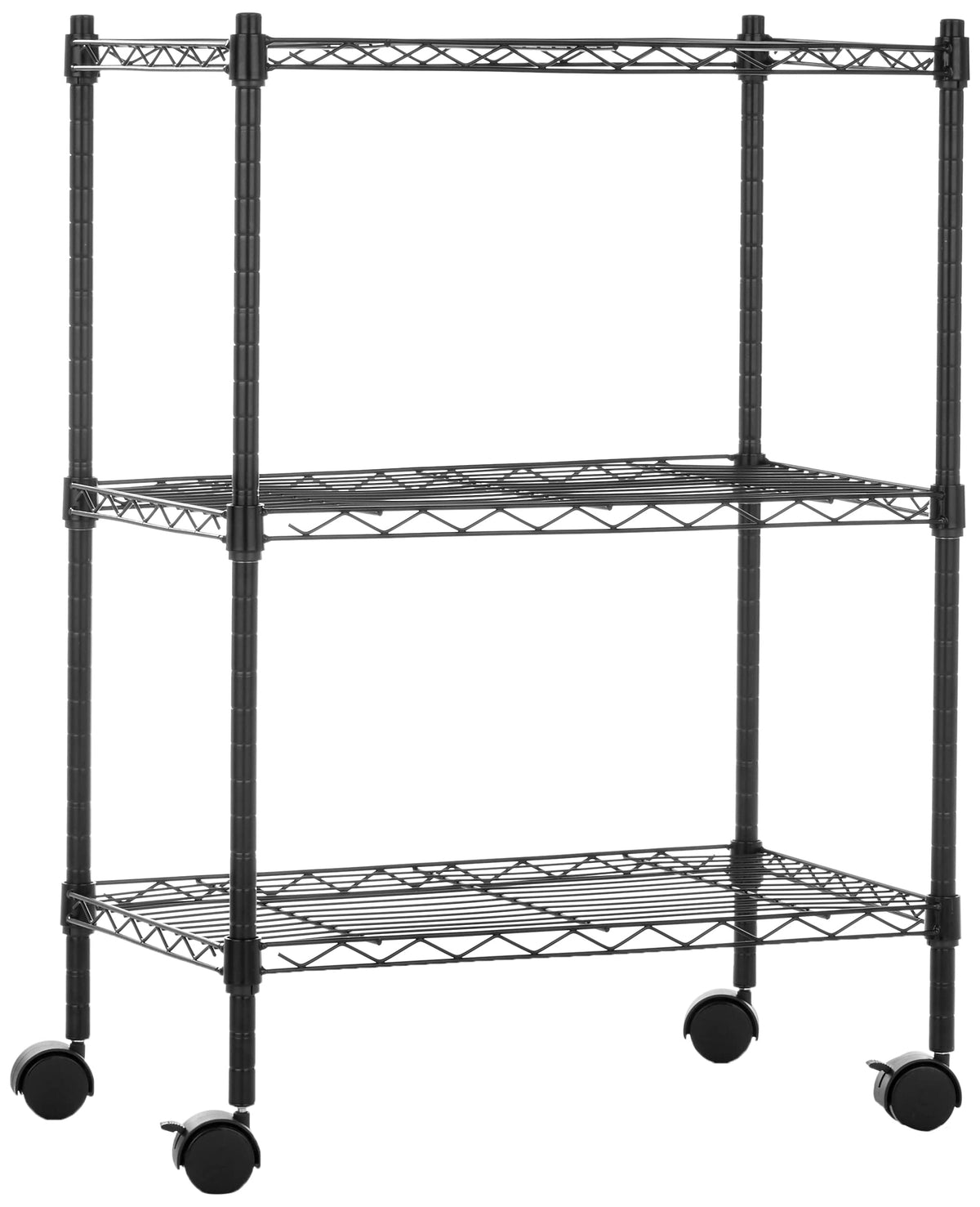 Amazon Basics 3-shelf unit on wheels in a garage for organized storage.