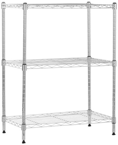 Amazon Basics 3-shelf chrome steel rack with sturdy frame for versatile storage.
