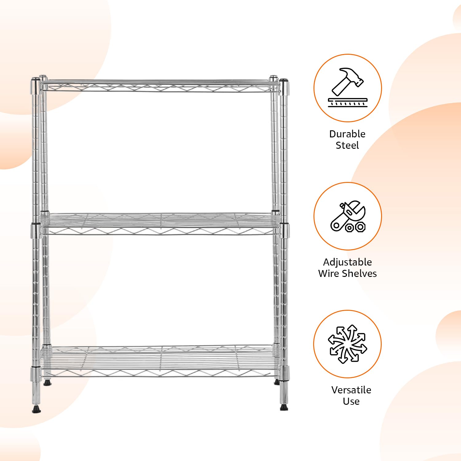 Amazon Basics shelving unit with adjustable shelves for customized spacing and layout.